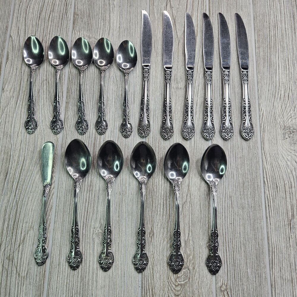 National Stainless Sonora 17 Pc Mixed Set Lot Floral Rose Japan Knife Spoon